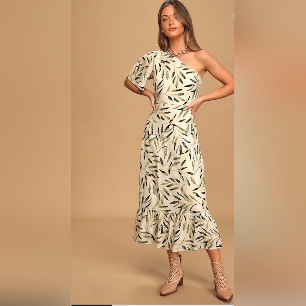 Lulu's One-Shoulder Dress with Leaf Print in Cream